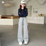 女童2025年冬季新款侧拼拉条绣花加绒裤女大童户外保暖运动休闲裤，童装裤子，祺儿童装