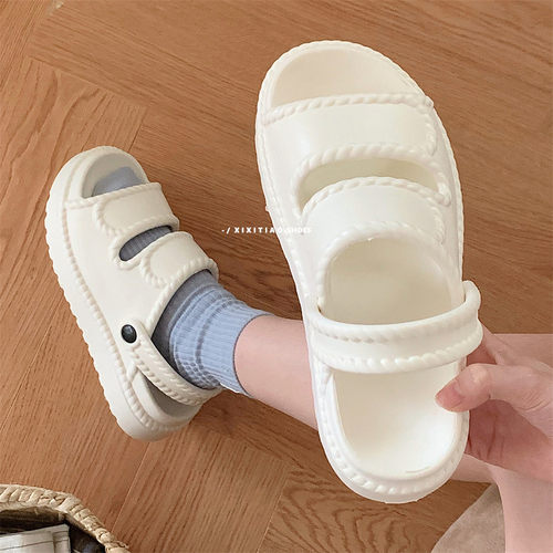 户外穿海边度假沙滩女个性凉鞋夏季ins时尚纯色麻花边休闲凉拖鞋