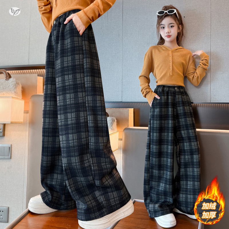 女童加绒格子裤2025年秋冬新款中大童钉扣阔腿裤休闲直筒修身长裤，童装裤子，祺儿童装
