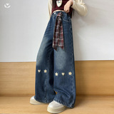 女童2025年冬季新款花朵小爱心牛仔裤女大童喷色美式复古阔腿裤潮，童装裤子，祺儿童装