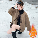 女童加厚毛毛衣2025年秋冬新款双面穿豹纹外套中大童韩系短夹克衫，童装外套，祺儿童装