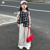 女童夏季不规则格子娃娃衫2025韩系女孩无袖背心上衣阔腿裤套装潮，童装休闲套装，祺儿童装