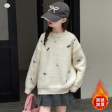 女童秋冬加绒毛衣2025年新款提花针织套头衫中大童百搭打底衫上衣，童装毛衣，祺儿童装