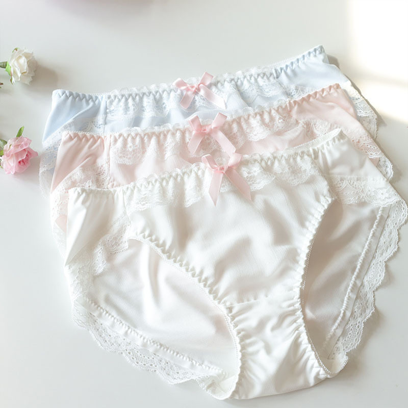 新款日系小清新软纱牛奶丝女士内裤甜美双蝴蝶结蕾丝边中腰三角裤