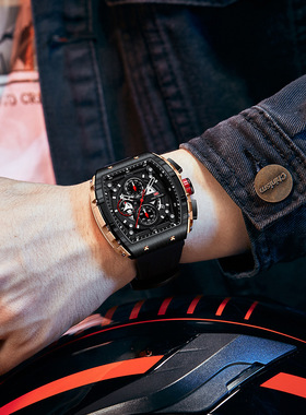 MINIFOCUS新款时尚潮流霸气酒桶形男士手表梯度镂空手表