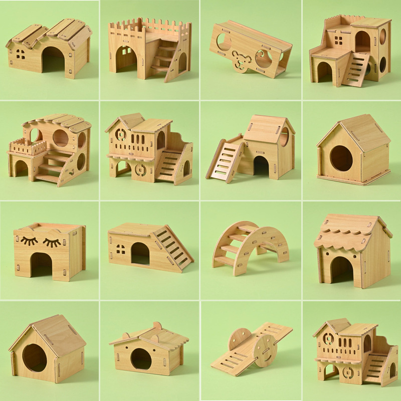 仓鼠窝实木玩具小房子金丝熊躲避屋双层别墅木质秋千造景仓鼠玩具