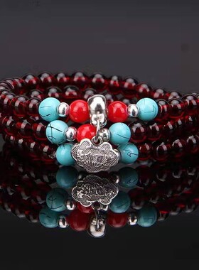 仿水晶绿松石手链108颗6mm仿石榴石佛珠 保平安情侣女手链