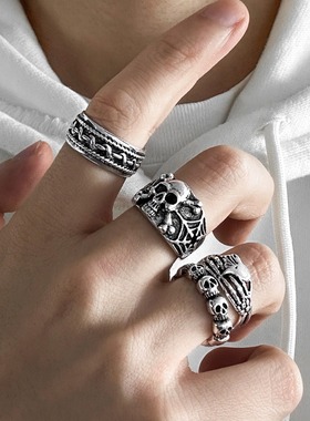 欧美流行饰品士朋克夸张指环 哥特风小鬼骷髅头心脏戒指4件套