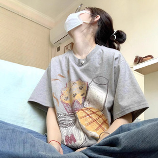 上衣 灰色纯棉重磅短袖 t恤女小个子夏季 复古美式 印花宽松圆领半袖
