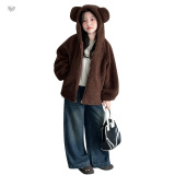 女童2025年冬季新款小熊耳朵毛毛衣女大童可爱毛茸茸加厚软糯外套，童装外套，祺儿童装