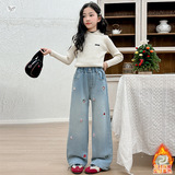 女童2025年秋冬季新款多个小卡通图案刺绣牛仔裤女大童加厚阔腿裤，童装裤子，祺儿童装