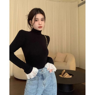 修身 法式 女秋冬韩版 黑色领软弹长袖 显瘦洋气内搭上衣 t恤打底衫