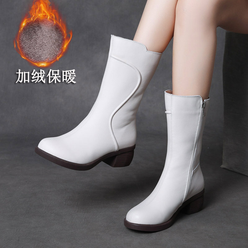 吉树25冬款真皮拉链粗跟轻奢中筒马丁靴女靴头层牛皮加绒保暖棉靴