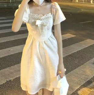 年子真皮袖长杏色香风隐形显瘦Yishion歇森系小众感短款公主裙