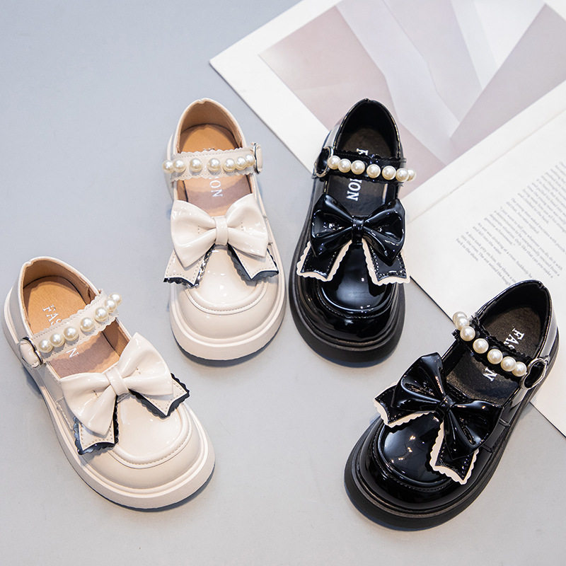 女童小皮鞋珍珠蝴蝶结公主鞋学生黑色演出鞋白色防滑舞蹈鞋平底