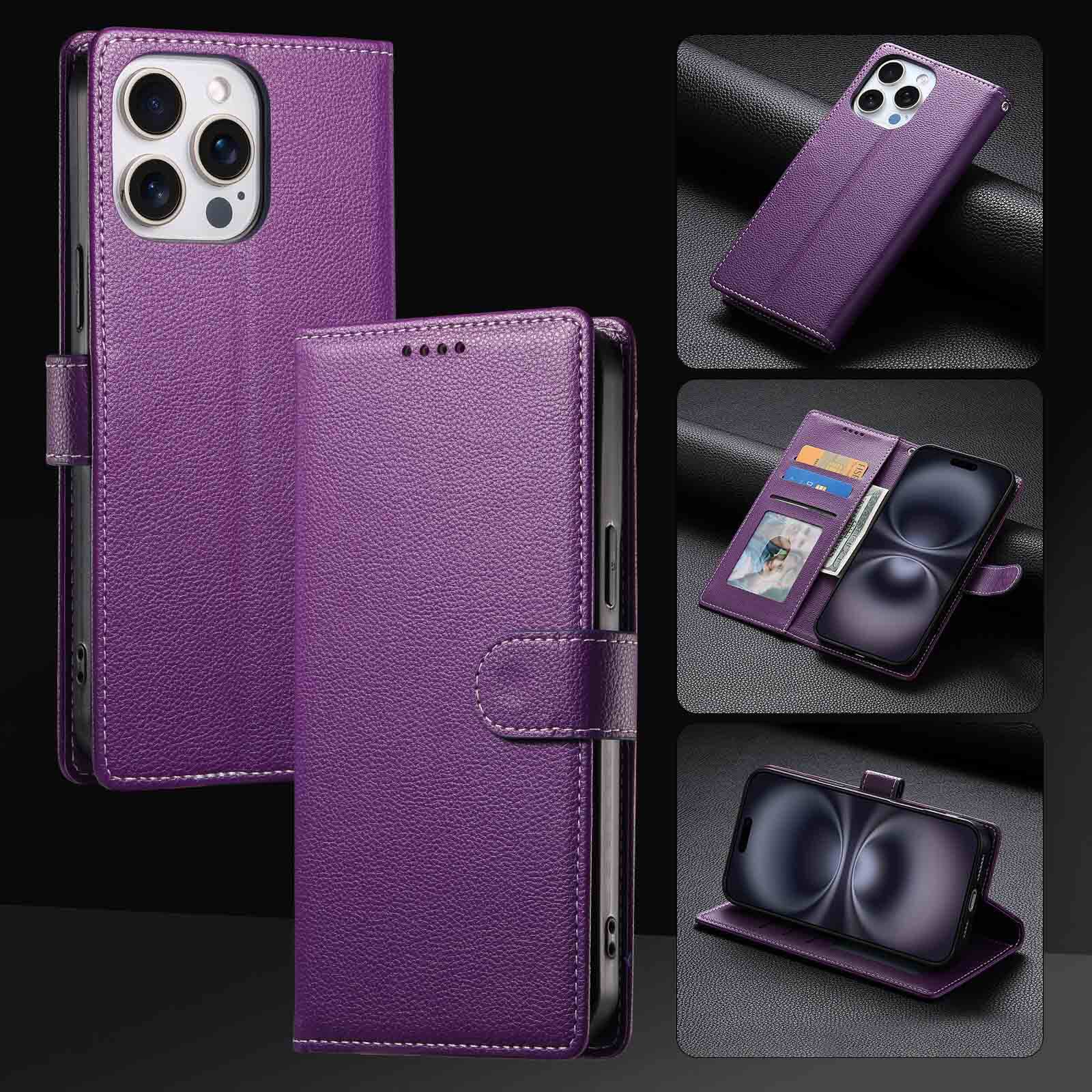 适用iPhone16E 15 14 13Mini纯色荔枝纹手机壳xsmax翻盖12Pro磁扣皮套7plus全包软壳ip11钱夹插卡保护套SE3