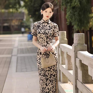 素雅印花旗袍2024春夏复古民国风优雅气质年轻款少女连衣裙茶服