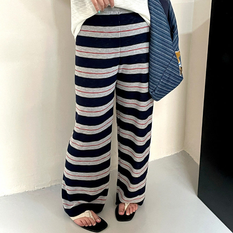 大码女装25010条纹针织裤阔腿裤女2026夏胖mm200斤显瘦休闲拖地裤