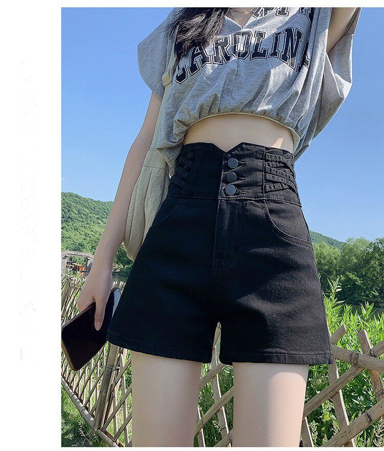黑色牛仔短裤女2023年夏季薄款外穿排扣收腹超腰弹力a字阔腿辣
