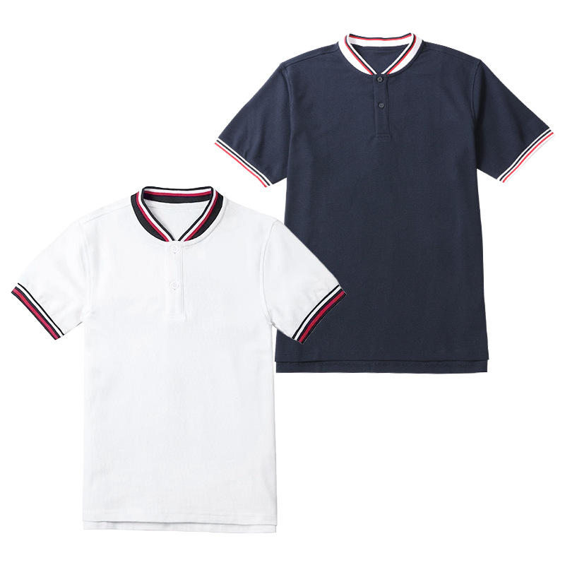 男女童中小学生藏青学院风立领短袖T恤校服儿童白色有领休闲T恤衫