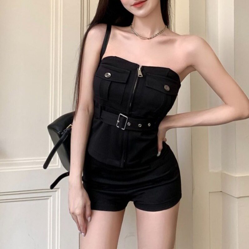 纯欲风辣妹套装女2026夏季新款美式拉链抹胸上衣腰短裤两件套