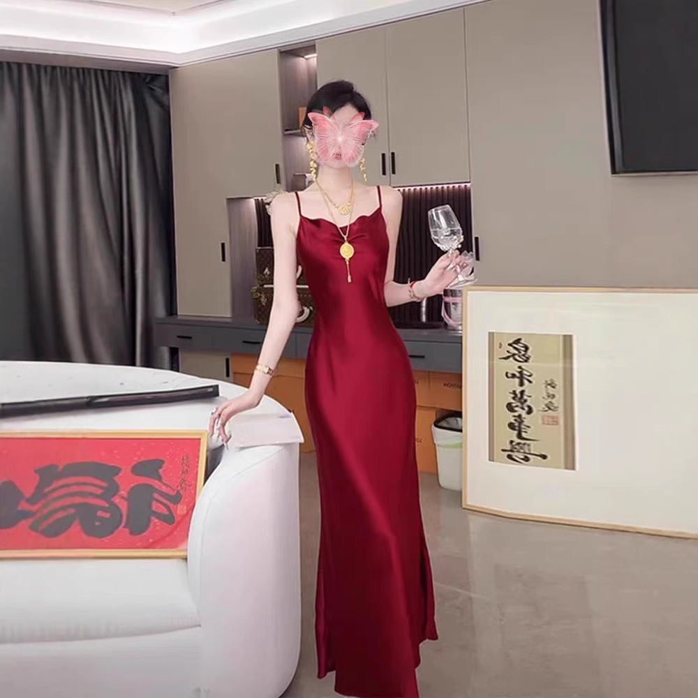 TZ6464法式气质复古红色荡领吊带连衣裙女名媛端精致宴会礼服裙