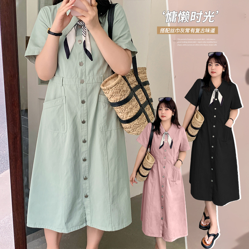 大码牛仔巨显瘦T恤裙子200斤女夏装微胖MM独特绝美遮肚藏肉连衣裙