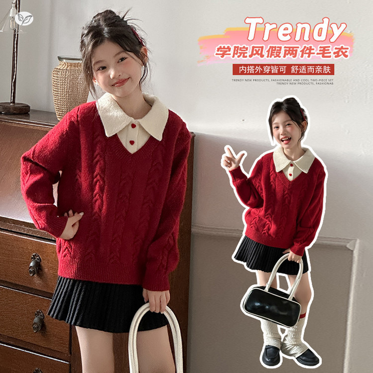 女童撞色翻领毛衣加厚2025年秋冬新款中大童学院风针织衫长袖上衣，童装毛衣，祺儿童装