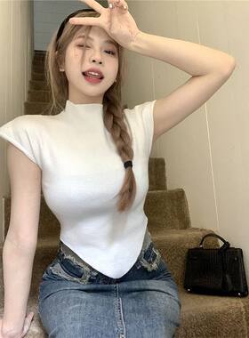 简约纯色半领短袖T恤女夏新