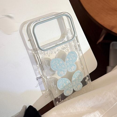 Fresh Blue Butterfly Embossed Glitter Transparent Soft Phone Case 适用 iPhone 17 Pro Max 16 15 13