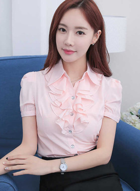 新款韩版荷叶花边黑色短袖衬衫女 职业装修身OL大码短袖衬衣