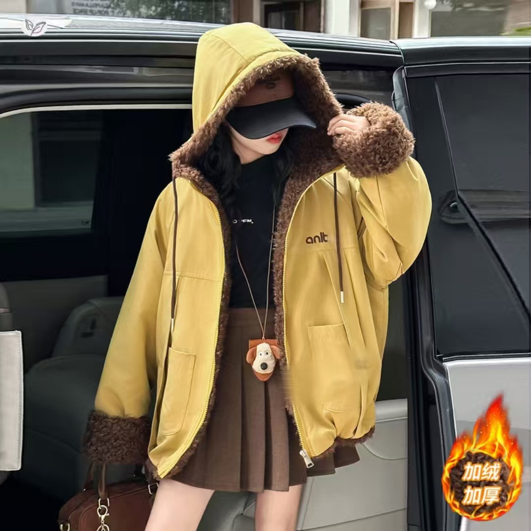 女童2025年冬季新款英文字母连帽羊驼绒两面穿棉外套女孩加绒棉服，童装棉衣，祺儿童装