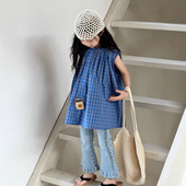 新款 上衣儿童夏季 叠穿背心裙潮 格子衬衫 女童复古日系圆领宽松无袖