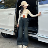 女童2025年冬季新款爱心蝴蝶结刺绣牛仔裤女孩加绒宽松百搭阔腿裤，童装裤子，祺儿童装