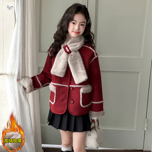 女童皮毛一体外套2025秋冬新款韩系短款夹克衫中大童时髦保暖棉衣，童装外套，祺儿童装