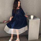 蓝格子拼接连衣裙