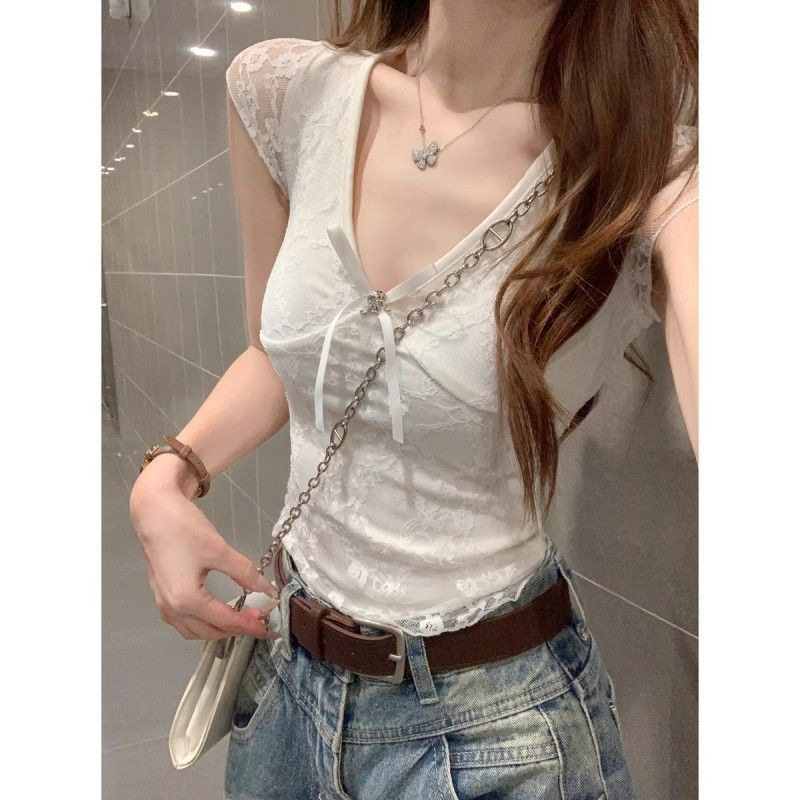 白色蕾丝拼接V领短袖T恤女春季修身显瘦内搭纯欲性感短款套头上衣