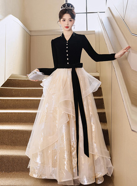 黑色晚礼服裙女2026新款法式级感成人礼轻奢小众端主持人艺考