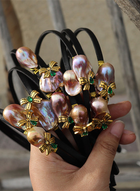 suu 设计款在逃公主系列天然淡水珍珠紫色大巴洛克蝴蝶结珍珠发箍