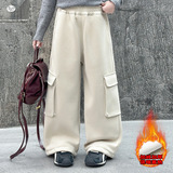 女童工装裤加绒2025年秋冬新款大口袋直筒卫裤中大童休闲直筒长裤，童装裤子，祺儿童装