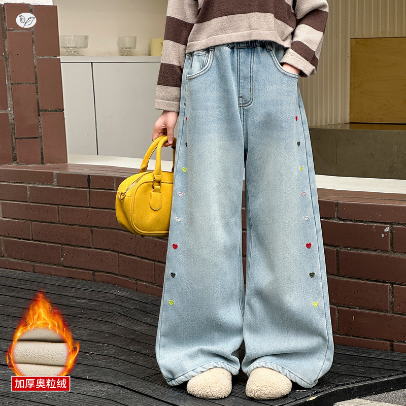 女童牛仔裤秋冬加绒2025年新款侧边彩色爱心阔腿裤中大童休闲长裤，童装裤子，祺儿童装