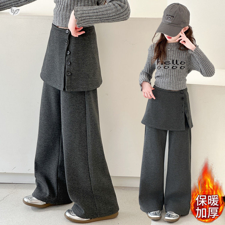 女童加绒裤子2025年秋冬新款可拆卸屁帘阔腿裤中大童韩系直筒长裤，童装裤子，祺儿童装