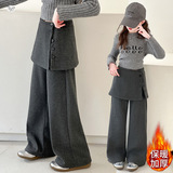女童加绒裤子2025年秋冬新款可拆卸屁帘阔腿裤中大童韩系直筒长裤，童装裤子，祺儿童装