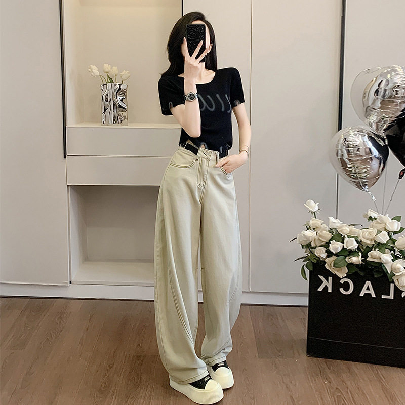 时尚韩版正肩短袖t恤套装女夏季设计感短款上衣高腰阔腿裤两件套