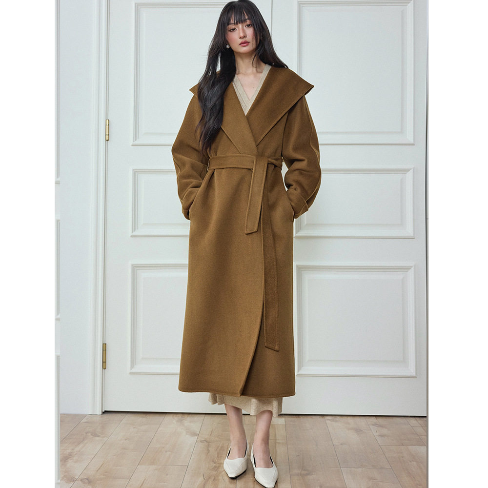 翡格依2025冬季慵懒风浴袍连帽100%绵羊毛双面毛呢外套长款大衣女