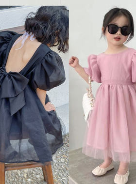 女童公主裙2024韩国版夏季新款儿童气质黑色礼服泡泡袖大摆连衣裙