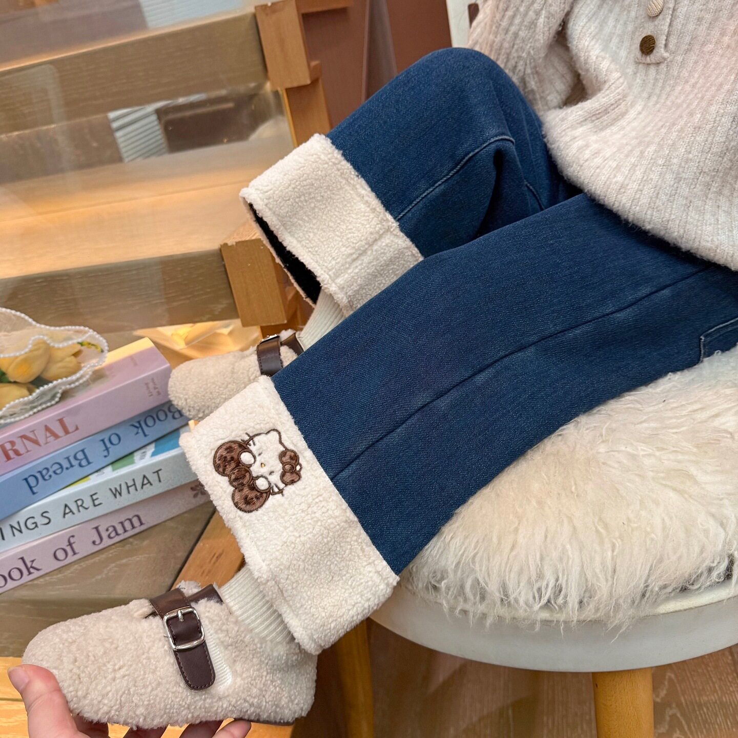 女小童加绒牛仔裤冬季洋气女加厚休闲裤冬装儿童卡通阔腿裤潮P72，童装裤子，祺妙童装