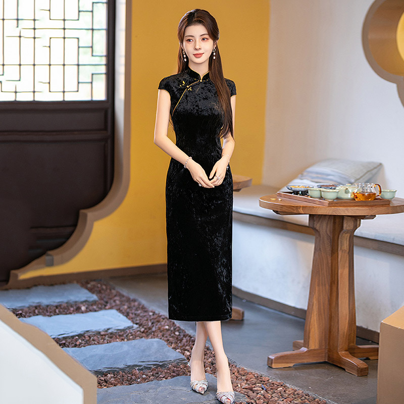 黑色丝绒国风新中式长款秋季无袖旗袍改良年轻款女级感复古春秋