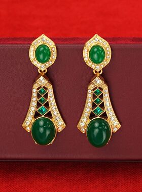 青岛中古宫廷风绿色石复古黄铜镀金耳环项链套装轻奢大气级感