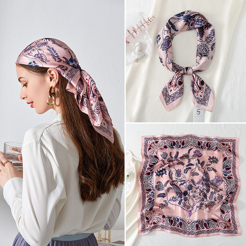 2023新款春夏秋季腰果花仿真丝女士小方巾复古丝巾绑包包装饰领巾